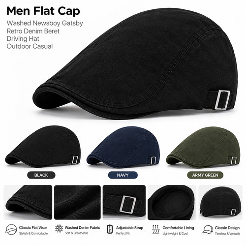 Men flat cap washed - cap, newsboy